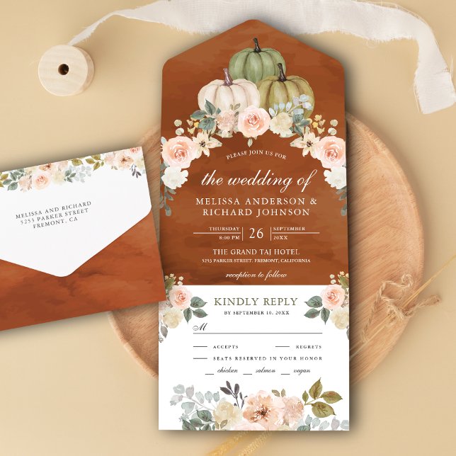 Sage Green Pumpkin Peach Floral Terracotta Wedding All In One Invitation (Creator Uploaded)