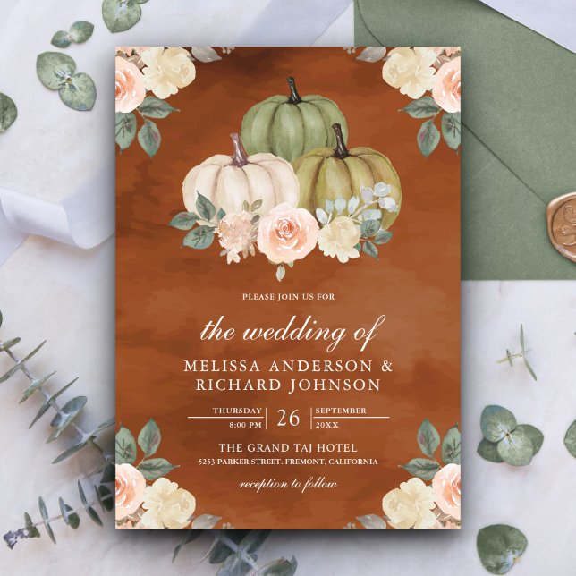 Sage Green Pumpkin Peach Floral Terracotta Wedding Invitation (Creator Uploaded)