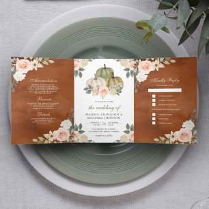 Sage Green Pumpkin Peach Floral Terracotta Wedding Tri-Fold Invitation