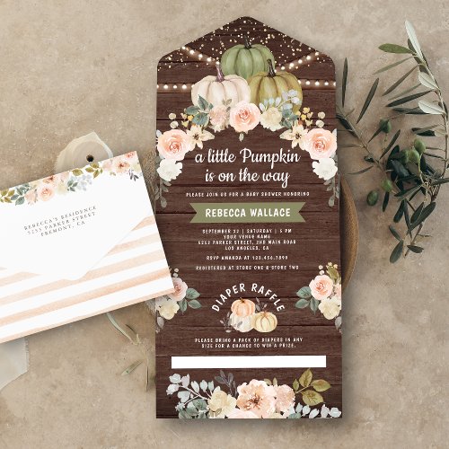 Sage Green Pumpkin Peach Floral Wood Baby Shower All In One Invitation