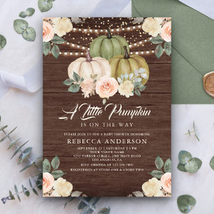 Sage Green Pumpkin Peach Floral Wood Baby Shower Invitation