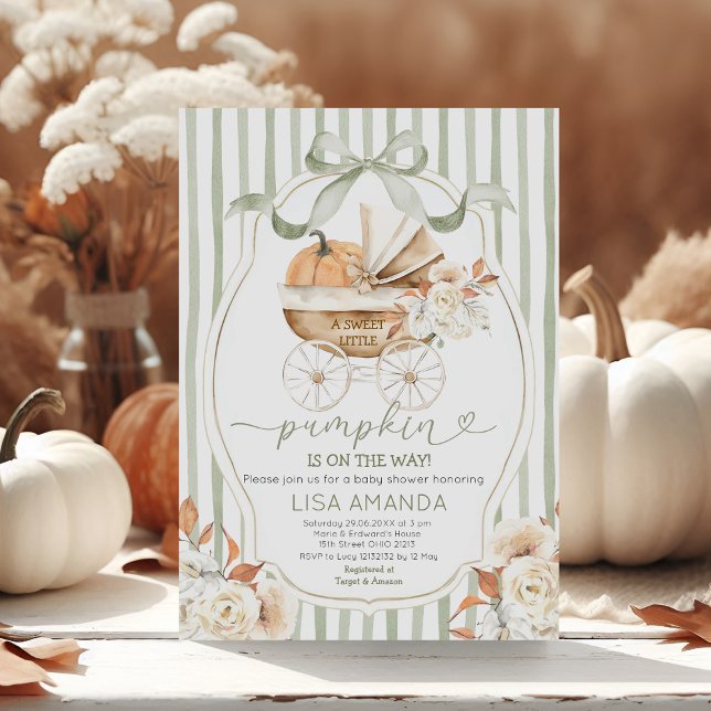 Sage Green Pumpkin Stroller Floral Baby Shower Invitation (Creator Uploaded)
