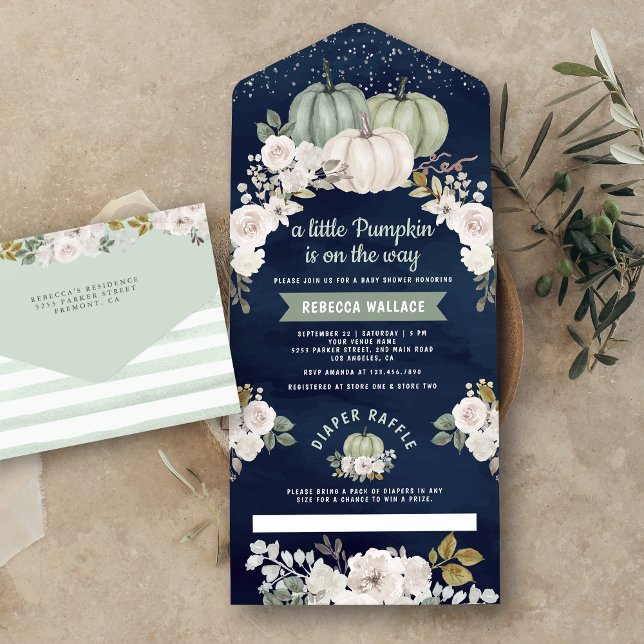 Sage Green Pumpkin White Floral Navy Baby Shower All In One Invitation (Creator Uploaded)