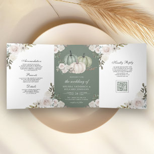 Sage Green Pumpkin White Floral QR Code Wedding Tri-Fold Invitation