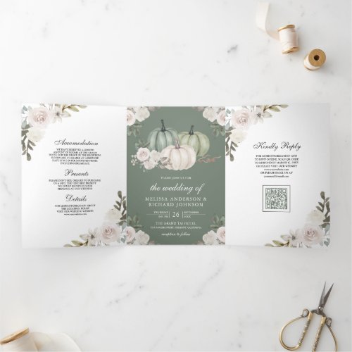 Sage Green Pumpkin White Floral QR Code Wedding Tri-Fold Invitation