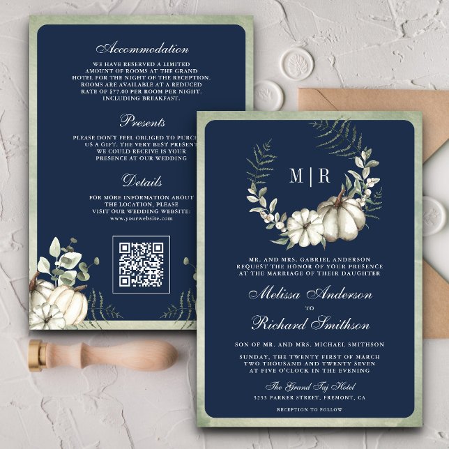 Sage Green Pumpkin Wreath QR Code Navy Wedding Invitation (Creator Uploaded)
