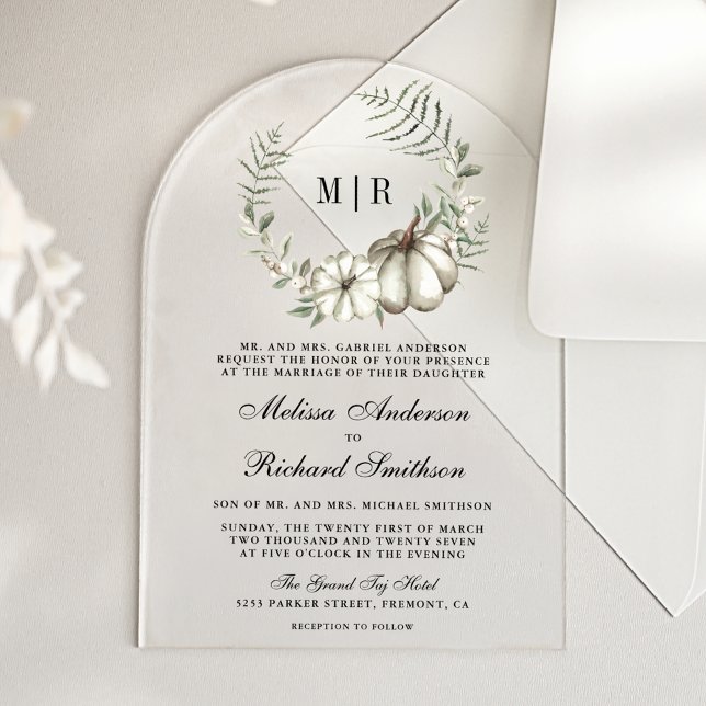 Sage Green Pumpkin Wreath Wedding Acrylic Invitations (Creator Uploaded)