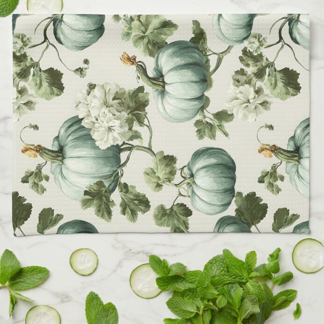 Sage Green Pumpkins & Autumn Florals Kitchen Towel (Folded)