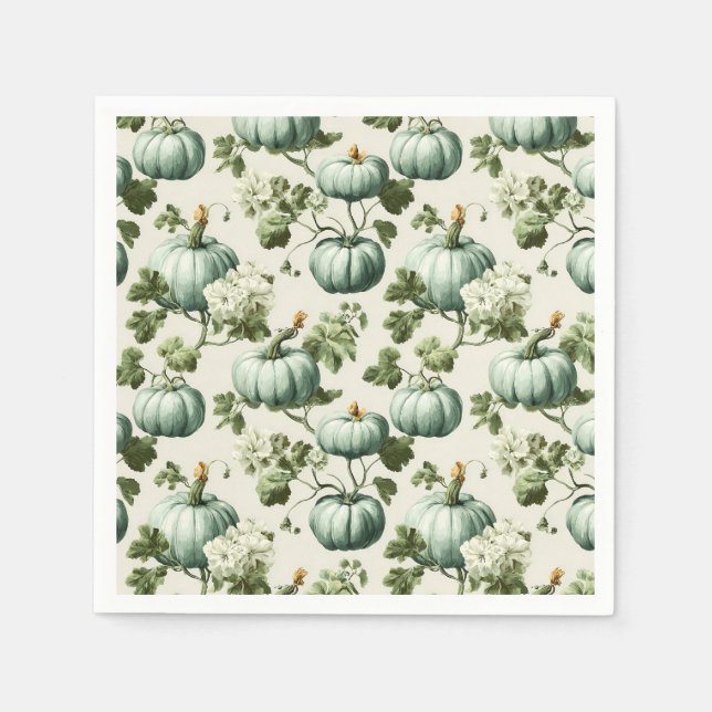 Sage Green Pumpkins & Autumn Florals Napkins (Front)