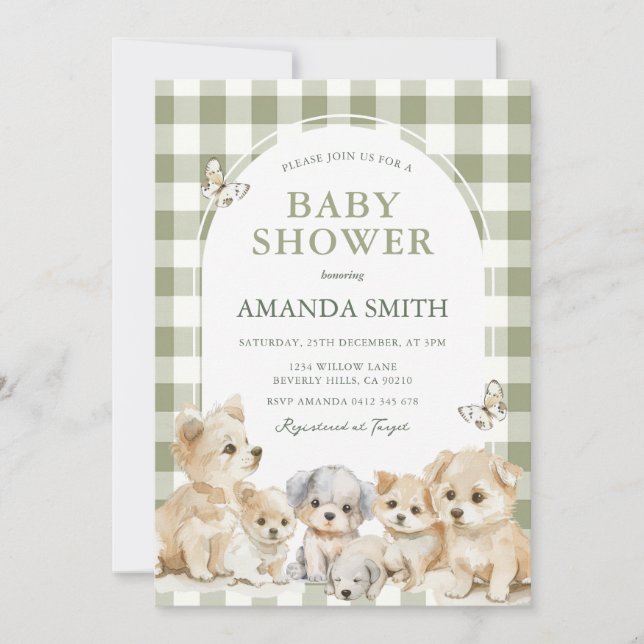 Sage Green Puppy Dog Boy Baby Shower  Invitation (Front)