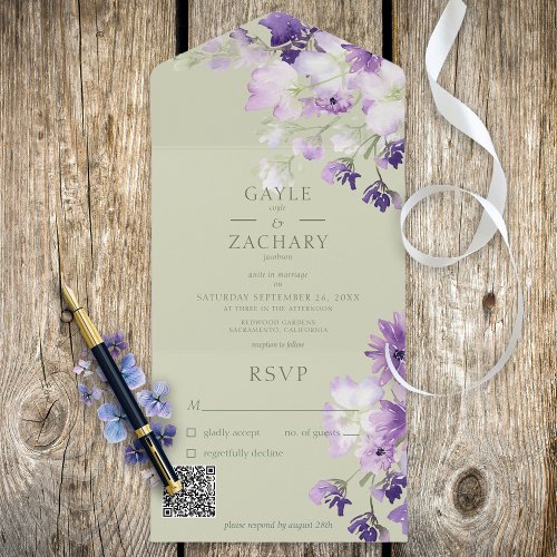 Sage Green Purple Boho Floral QR Code All In One Invitation