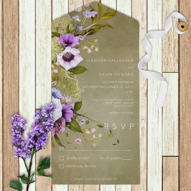 Sage Green & Purple Floral Modern No Dinner All In One Invitation (Creator Uploaded)