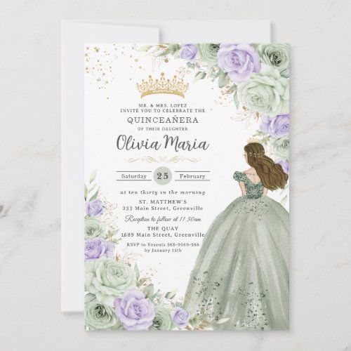Sage Green Purple Floral Princess Gown Quinceaera Invitation