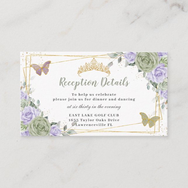 Sage Green Purple Floral Quinceañera Reception Enclosure Card (Front)