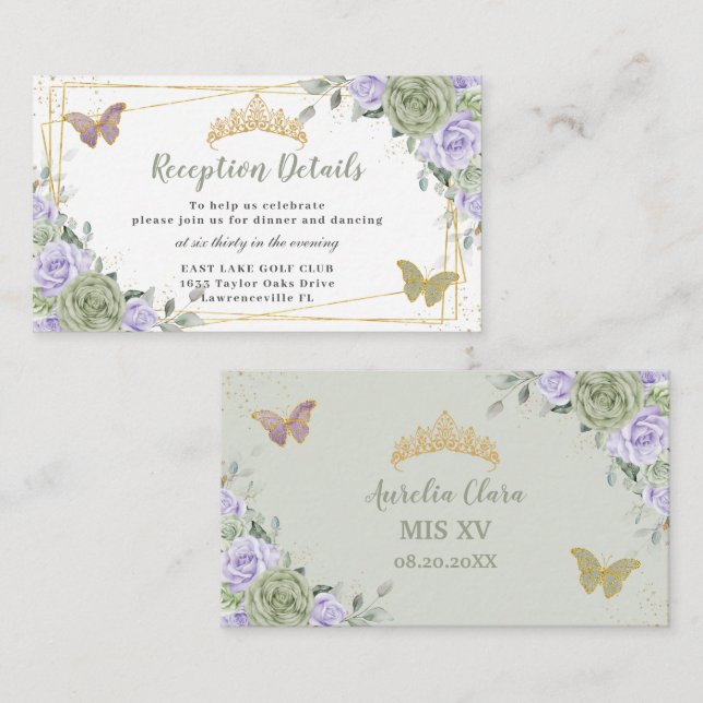 Sage Green Purple Floral Quinceañera Reception Enclosure Card (Front/Back)