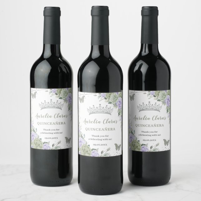 Sage Green Purple Floral Rose Quinceañera Birthday Wine Label (Bottles)