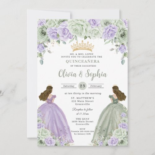 Sage Green Purple Floral Twin Girls Quinceaera  Invitation