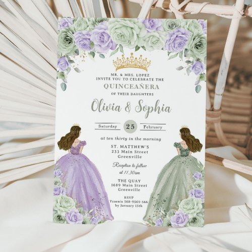 Sage Green Purple Floral Twin Girls Quinceaera  Invitation