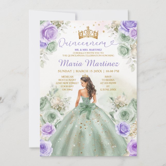 Sage Green & Purple Flowers Princess Quinceañera Invitation (Front)