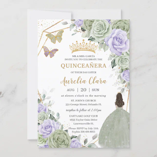 Sage Green Purple Lavender Floral Gold Quinceañera Invitation | Zazzle