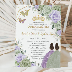 Sage Green Purple Lavender Floral Twin Quinceañera Invitation