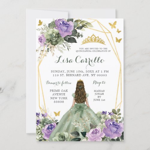 Sage Green Purple Lilac Princess Quinceaera Invitation