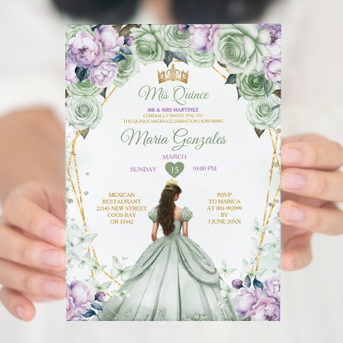 Sage Green Purple Mis Quince 15 Anos Crown Invitation