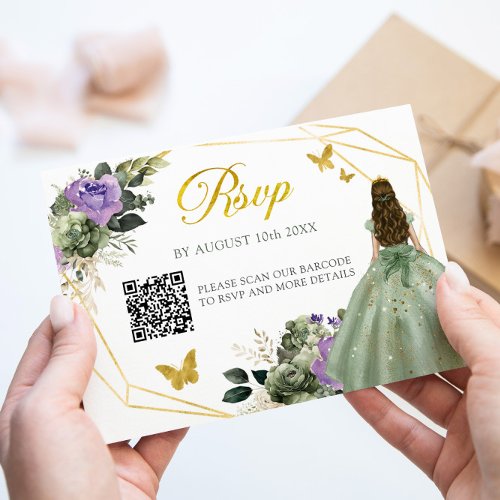 Sage Green Purple Princess Quinceaera QR RSVP Card