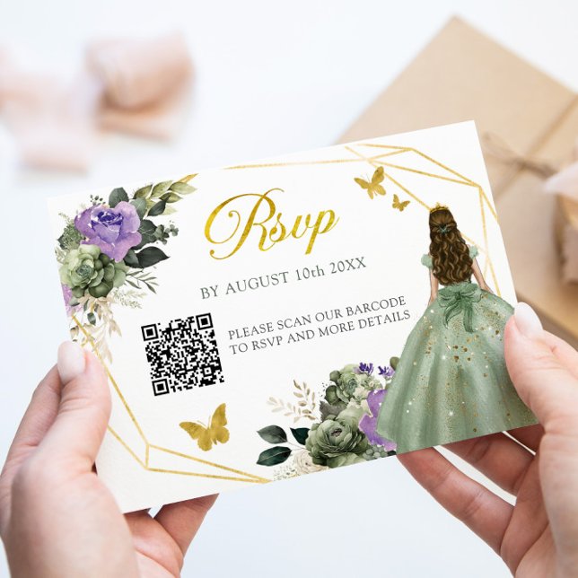 Sage Green Purple Princess Quinceañera QR RSVP Card (Creator Uploaded)