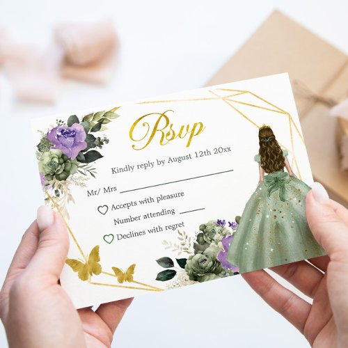 Sage Green Purple Princess Quinceaera RSVP Card