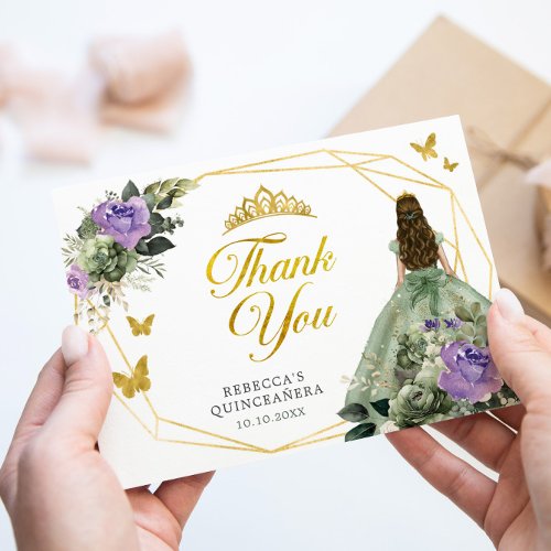 Sage Green Purple Princess Quinceaera Thank You Card