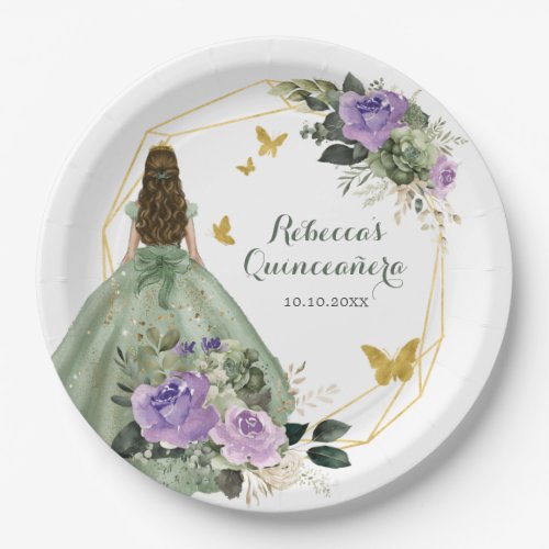 Sage Green Purple Quinceaera Paper Plate