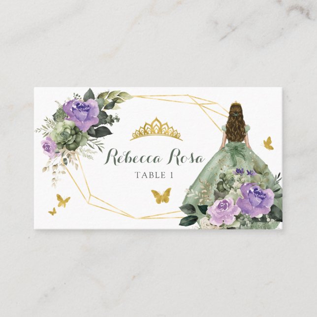 Sage Green Purple Quinceañera Place Card (Front)