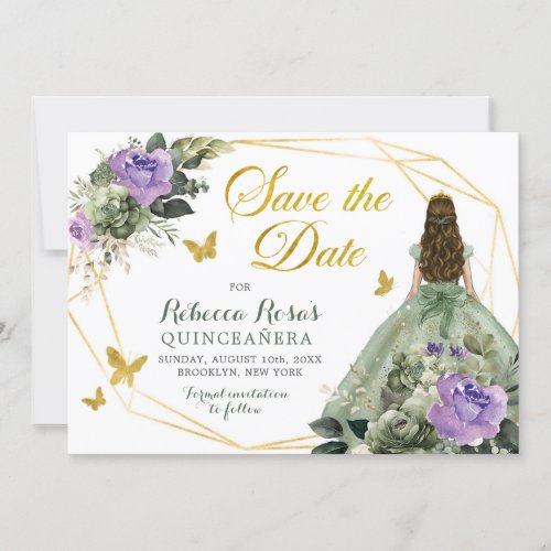 Sage Green Purple Quinceaera Save The Date Invitation