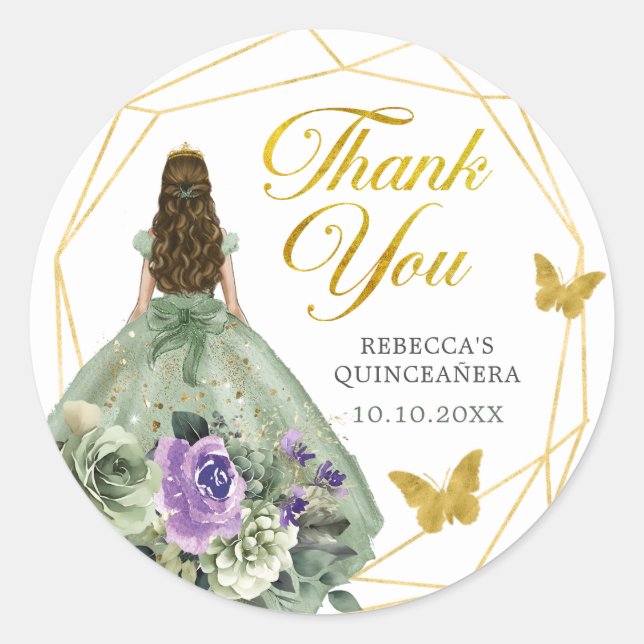Sage Green Purple Quinceañera Thank You Classic Round Sticker (Front)