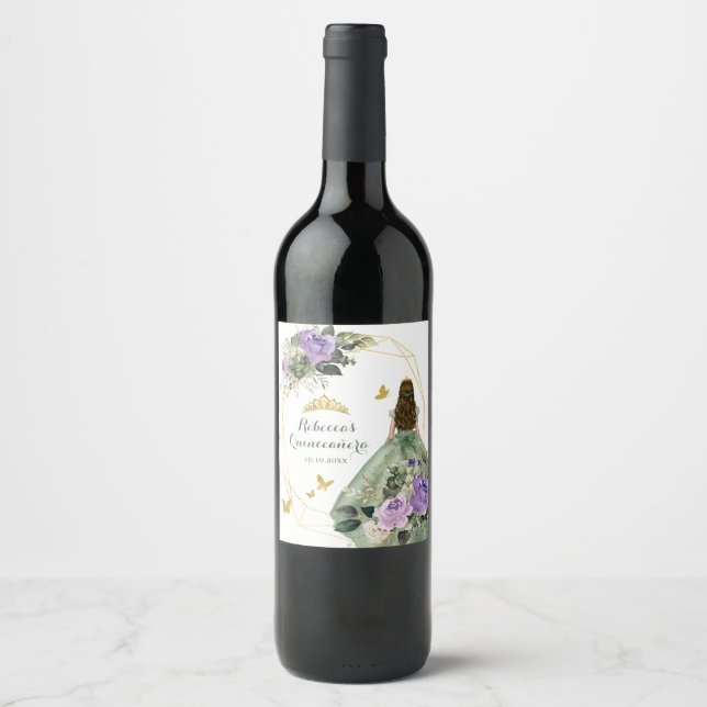 Sage Green Purple Quinceañera Wine Label (Front)