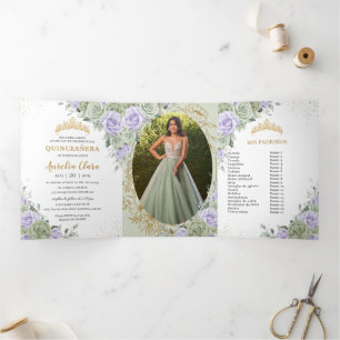Sage Green Purple Roses Floral Quinceañera Photos Tri-Fold Invitation