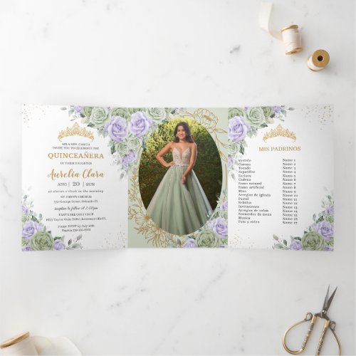 Sage Green Purple Roses Floral Quinceañera Photos