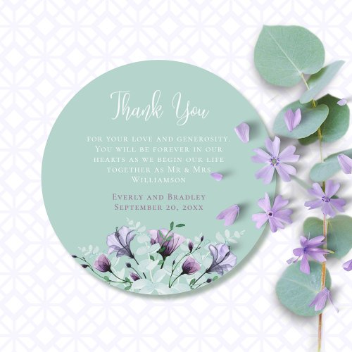 Sage Green Purple Watercolor Floral Wedding Classic Round Sticker