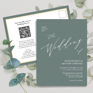Sage Green QR Code All In One Modern Wedding Invitation Postcard
