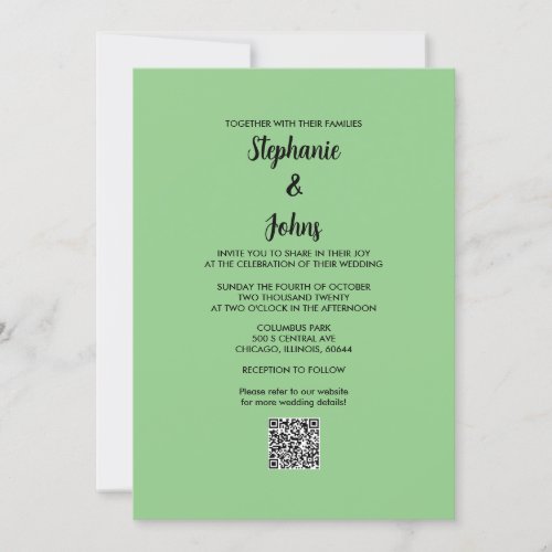 Sage Green QR Code Black Script Simple Wedding Invitation