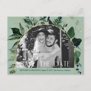 Sage Green, QR code Botanical photo save the date Announcement Postcard