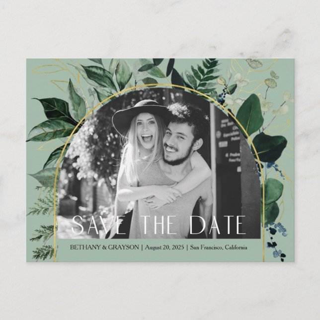 Sage Green, QR code Botanical photo save the date Announcement Postcard (Front)