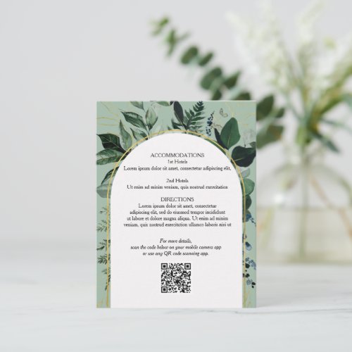 Sage Green QR code Botanical wedding details card 