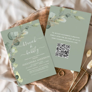 Sage Green QR Code Brunch & Bubbly Eucalyptus Invitation
