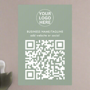 Sage Green QR Code & Business Logo Text Promo Wall Decal