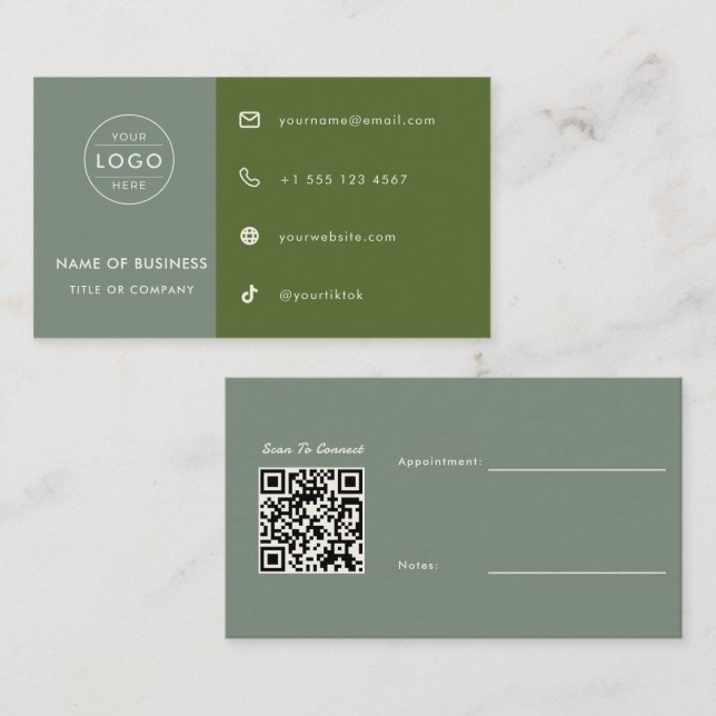 Sage Green QR Code Custom Appointment Esthetician Business Card (Front/Back)