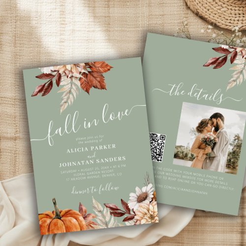 Sage green QR code Fall in Love botanical wedding Invitation