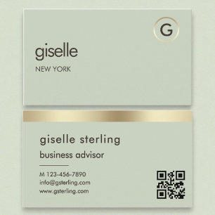 Sage Green QR Code Faux Gold Foil Monogram  Business Card
