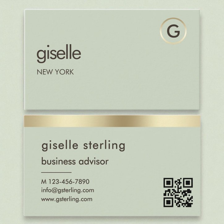Sage Green QR Code Faux Gold Foil Monogram Business Card